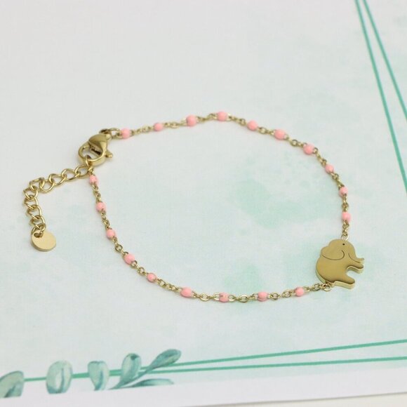 Cute Elephant Charm Yellow Bracelet with Pink Beads, XPBL0625 - Picture 4 of 11